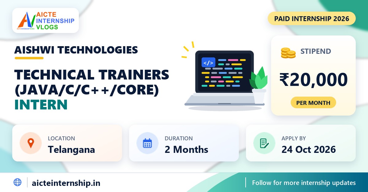 Aishwi Technologies Technical trainers (Java/C/C++/core) internship banner with stipend, location, duration and last date