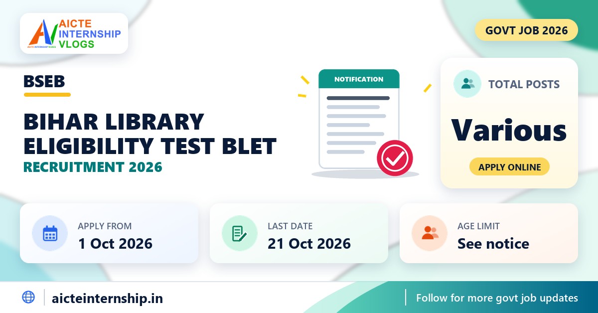 Bihar Library Eligibility Test BLET Recruitment 2026 banner with total posts, application dates and age limit