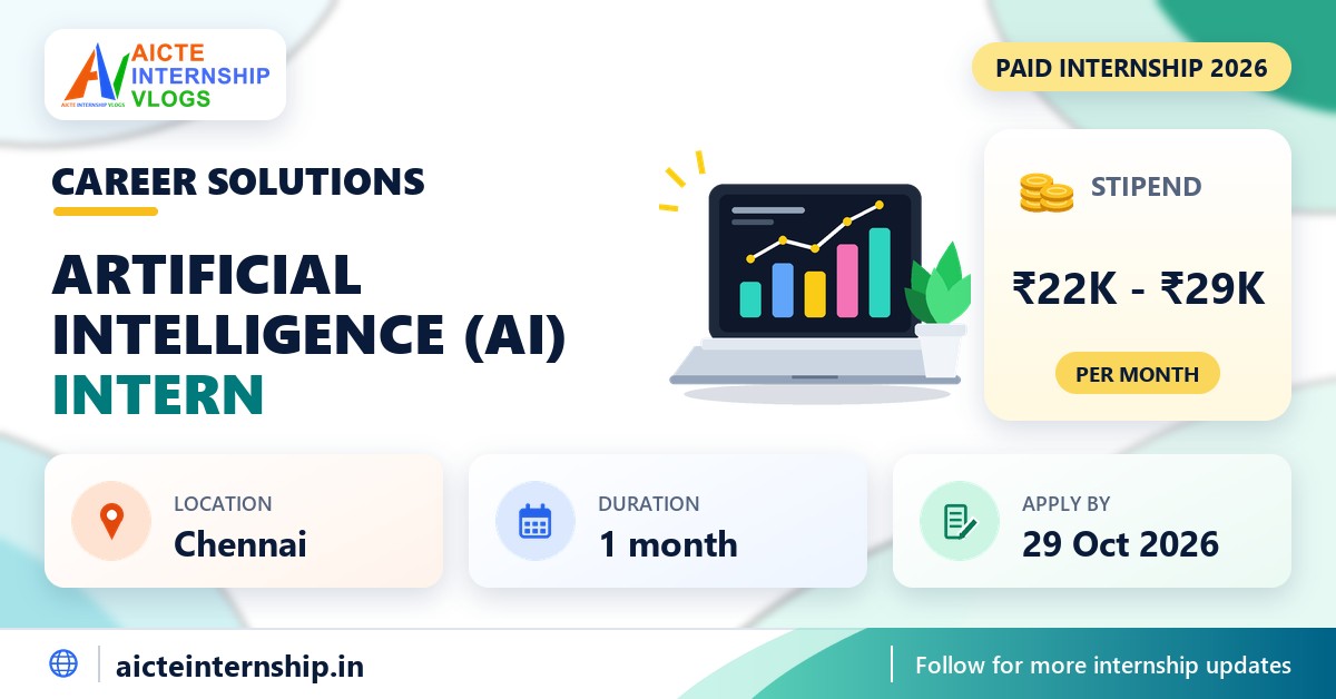 Career Solutions Artificial Intelligence (AI) internship banner with stipend, location, duration and last date