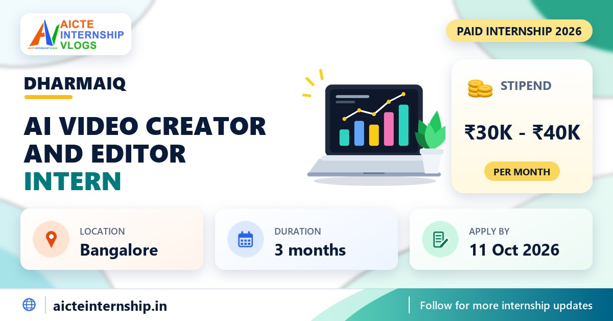 DharmaIQ AI Video Creator And Editor internship banner with stipend, location, duration and last date