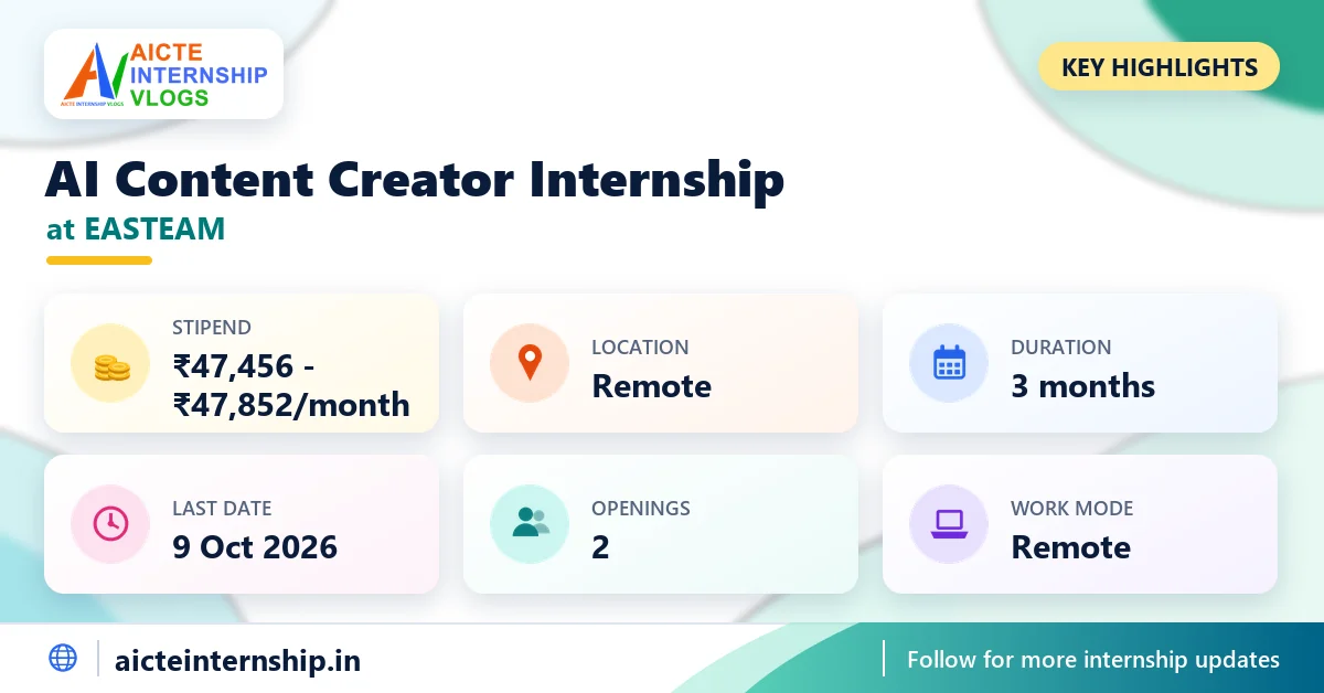 easteam-ai-content-creator-internship-2026-highlights EASTEAM AI Content Creator Internship: ₹47,456-₹47,852/Month