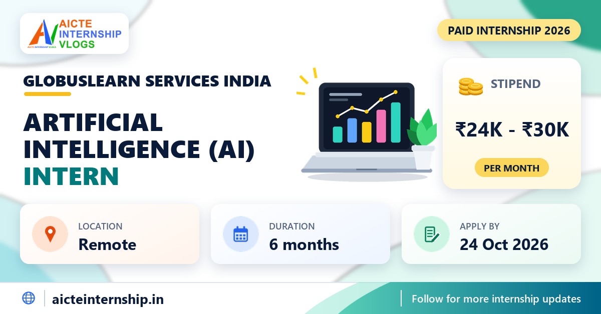 GlobusLearn Services India Artificial Intelligence (AI) internship banner with stipend, location, duration and last date