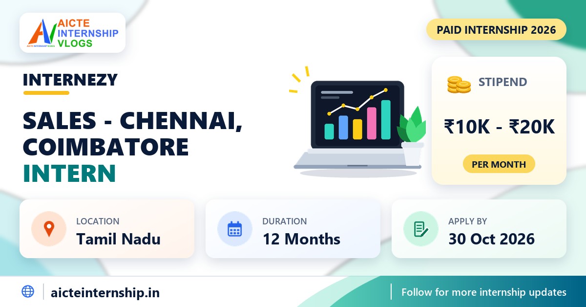 InternEzy Sales - Chennai, Coimbatore internship banner with stipend, location, duration and last date