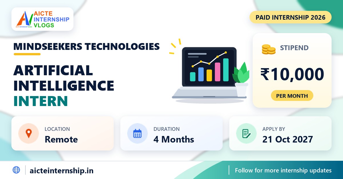 Mindseekers Technologies Artificial Intelligence internship banner with stipend, location, duration and last date