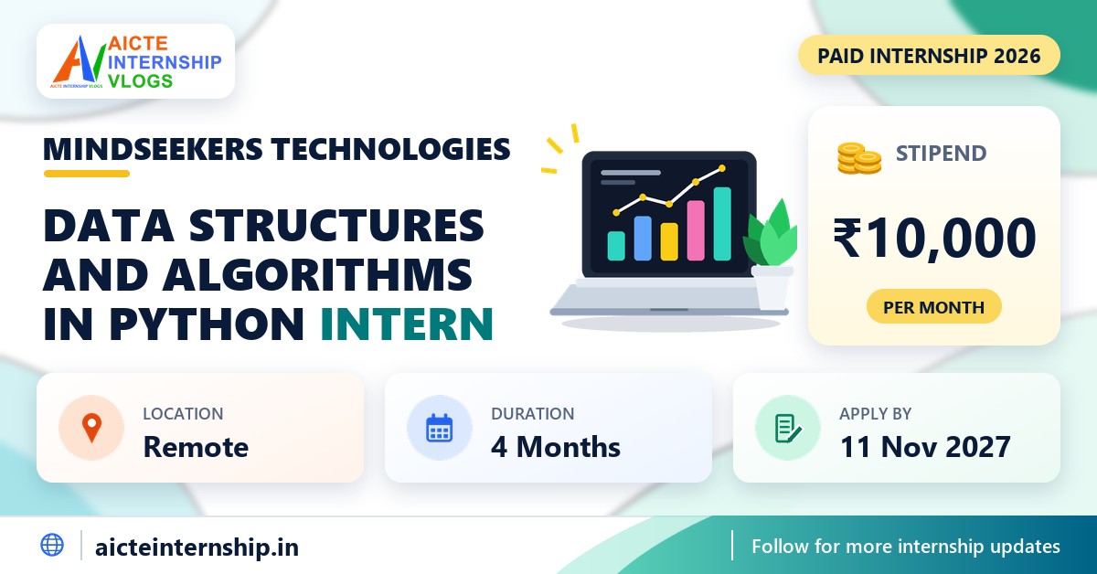 Mindseekers Technologies Data Structures and Algorithms in Python internship banner with stipend, location, duration and last date