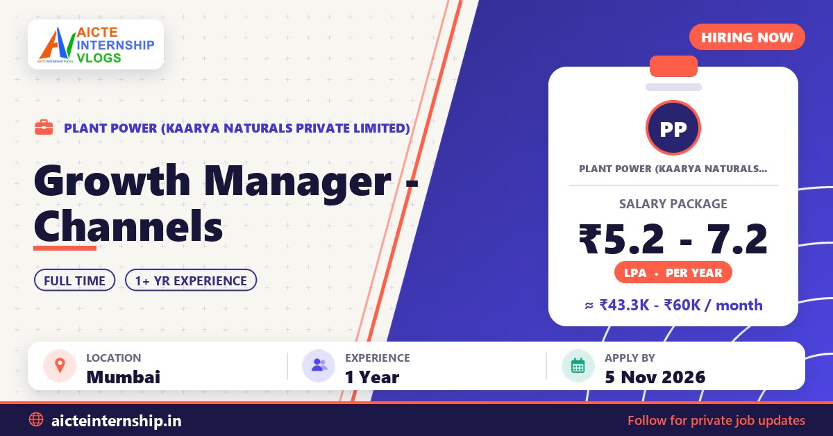 Plant Power Growth Manager – Channels Job 2026: ₹5.2-7.2 LPA
