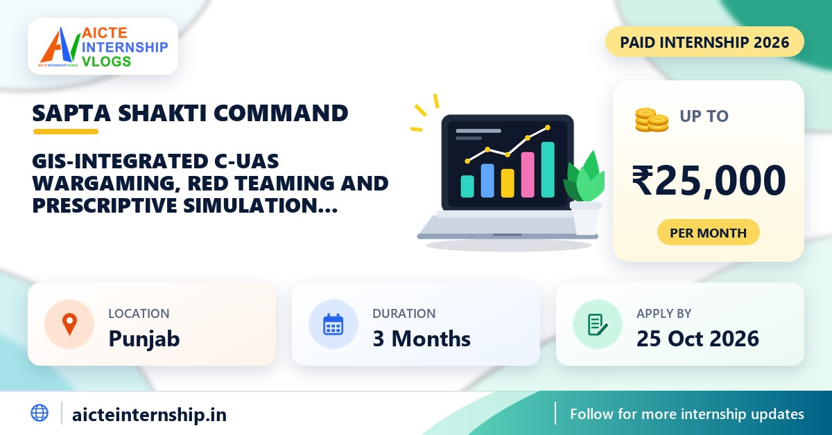 Sapta Shakti Command GIS-Integrated C-UAS Wargaming, Red Teaming and Prescriptive Simulation Engine internship banner with stipend, location, duration and last date