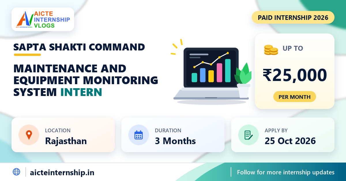 Sapta Shakti Command Maintenance and Equipment Monitoring System internship banner with stipend, location, duration and last date
