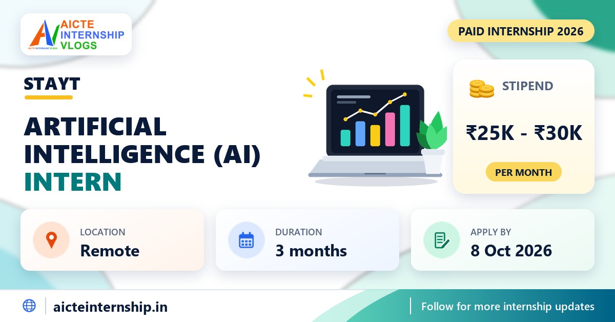 Stayt Artificial Intelligence (AI) internship banner with stipend, location, duration and last date