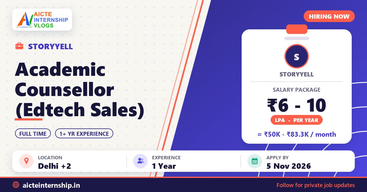 StoryYell Academic Counsellor (Edtech Sales) Job: ₹6-10 LPA