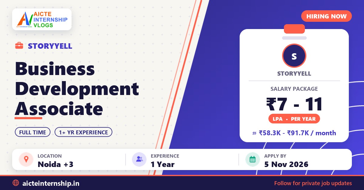 StoryYell Business Development Associate job banner with salary, location, experience and last date