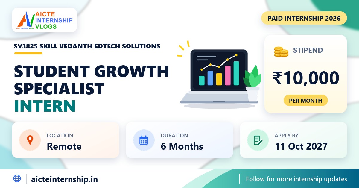Sv3825 Skill Vedanth Edtech Solutions Student Growth Specialist internship banner with stipend, location, duration and last date