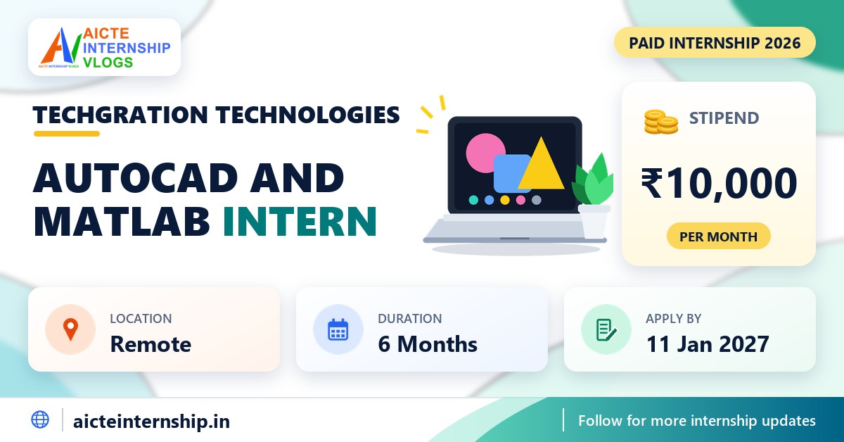 Techgration Technologies AutoCAD and MATLAB internship banner with stipend, location, duration and last date
