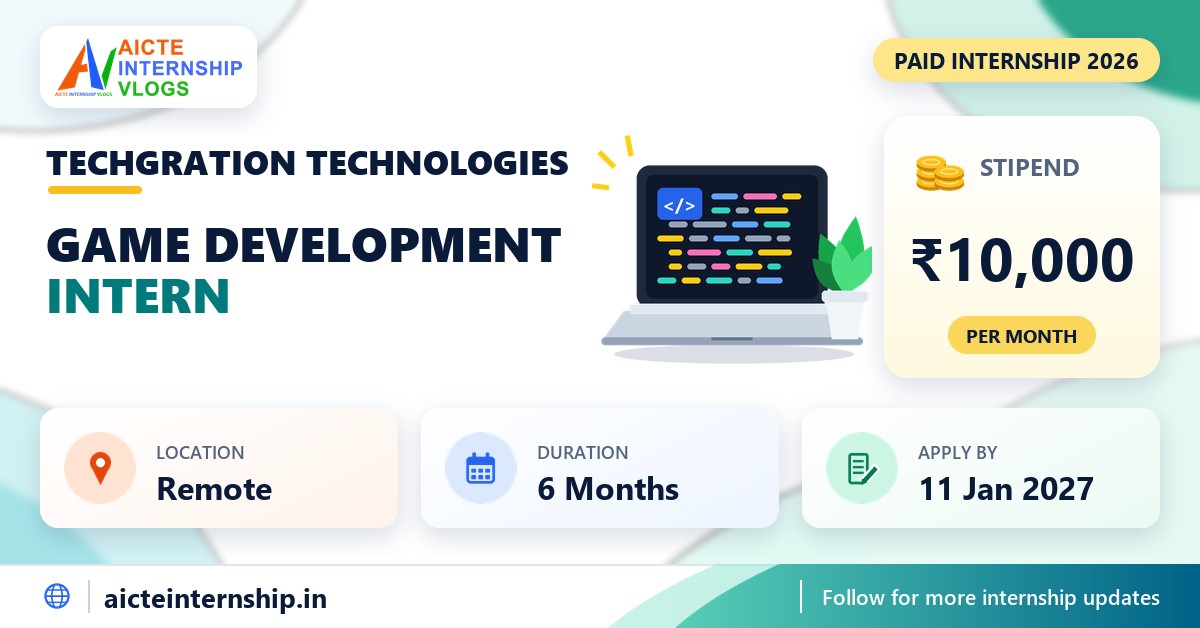 Techgration Technologies Game Development internship banner with stipend, location, duration and last date