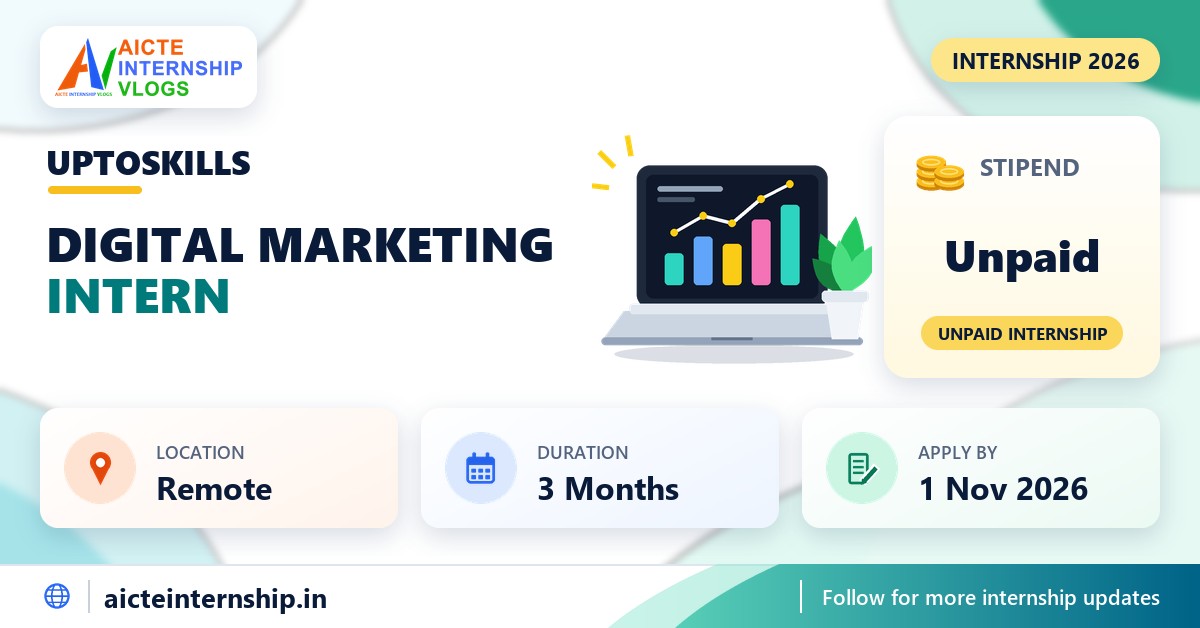 UPTOSKILLS Digital Marketing internship banner with stipend, location, duration and last date